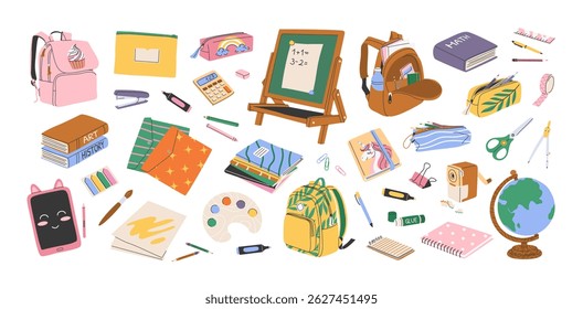 Set of hand drawn school supplies and stationery. Isolated clip art bundle. Back to school and education concept. Backpacks, pencil cases, globe, tablet, books, blackboard. Flat vector illustrations.
