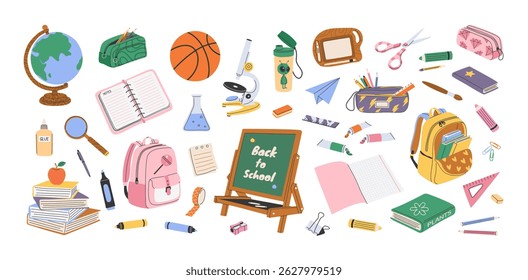 Set of hand drawn school supplies and stationery. Isolated clip art bundle. Back to school and education concept. Backpacks, pencil cases, globe, microscope, books, blackboard. Flat vector bundle.