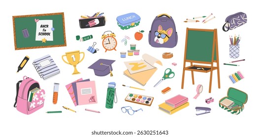 Set of hand drawn school supplies and stationery. Isolated illustrations. Back to school and education concept. Backpacks, pencil cases, mortarboard, test tube, books, blackboards. Flat vector bundle.