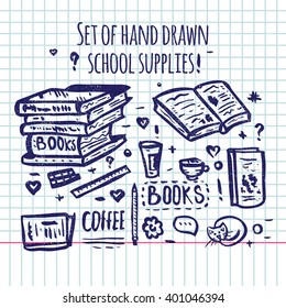 Set of hand drawn school supplies. Back to School. Books, coffee. School appliances. Freehand drawing school items on a sheet of exercise book. Elements on Lined Sketchbook. Doodles.