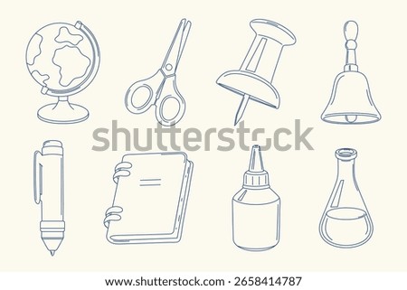 Set of hand drawn school supplies icons. Notebook, globe, bell, pen, scissors, glue, lab flask, pushpin. Perfect for education designs, planners, and back to school projects.