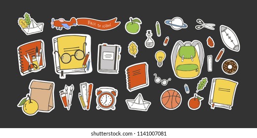 Set of hand drawn school time objects. Airplane with banner and back to school lettering. Cute stickers. 