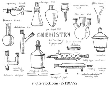 Set of hand drawn science chemical equipment, Chemistry education research laboratory tool, chemical funnel, flask, adapters, desiccator, Vector illustration.