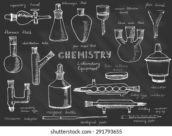 Set of hand drawn science chemical equipment on blackboard, Chemistry education research laboratory tool, chemical funnel, flask, adapters, desiccator, Vector illustration.