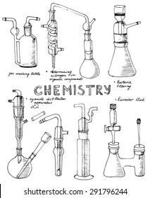 Set of hand drawn science chemical glass equipment, Chemistry education research laboratory tool, chemical funnel, flask, adapters, condenser, Vector illustration.