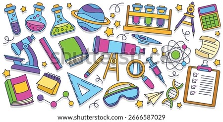 Set of hand drawn science and chemistry element vector illustration, science lab icon element.