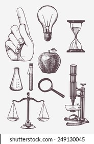 Set of hand drawn science objects. Vectorial isolated elements.