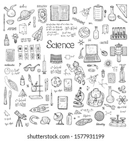 Set with hand drawn scientific objects and elements. Science theme collection. Vector illustration