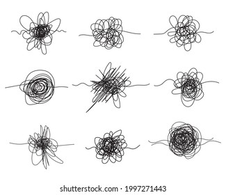 Set of hand drawn scrawl sketch. Freehand drawing. Black and white and color abstract scribbles, chaos doodles. Vector illustration. Isolated on white background
