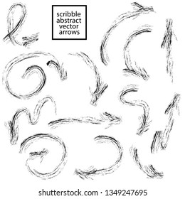 Set of hand drawn scribble arrows. Collection of abstract arrows in doddles style. Design element. Vector. Isolated on white background.