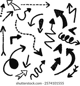 set of hand drawn scribble black arrows on white background. curved doodle sketch.