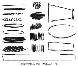 Set of hand drawn scribble characters isolated on white. Doodle style sketched frames, strokes, shaded and hatched icons and bubbles. Monochrome vector eps10 design elements.