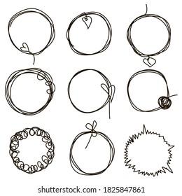 Set of hand drawn scribble circles. Collection of abstract round frames in doddles style. Round design element. Continuous line. Vector. Isolated on white background.