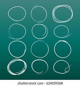 Set of the hand drawn scribble circles. Vector element. Illustration on green background.