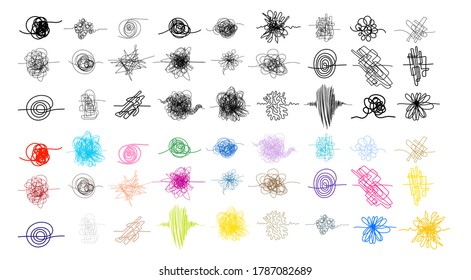 Set of hand drawn scribble colored, black and white symbols. Doodle style sketches. Shaded and hatched badges and bubble shapes. Vector of hand drawn scribble line shapes isolated on white.