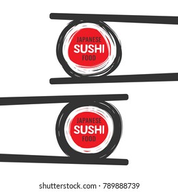 Set of hand drawn scribble colorful scribble sushi logo with chopsticks, vector design elements