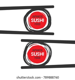 Set of hand drawn scribble colorful scribble sushi logo with chopsticks, vector design elements