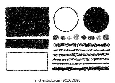 Set of hand drawn, scribble design elements, frames, strokes, lines. Curly grunge dirty, messy texture. Place for text. Vector stamps, brushes.