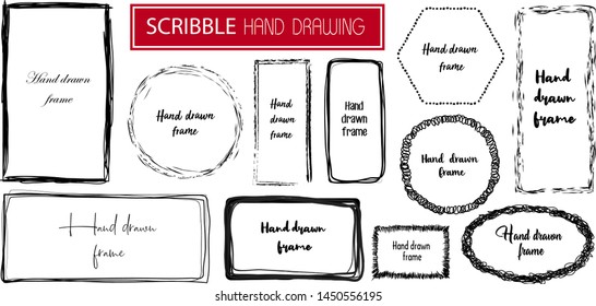 Set Hand drawn scribble frame isolated on white. Doodle frames style sketches. Shaded and hatched badges. Monochrome vector design elements.