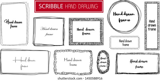 Set Hand drawn scribble frame isolated on white. Doodle frames style sketches. Shaded and hatched badges. Monochrome vector design elements.