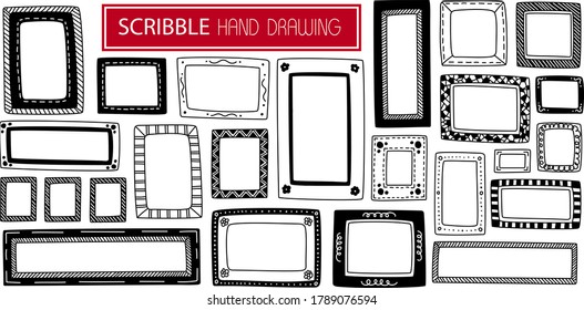 Set Hand drawn scribble frame isolated on white. Doodle cartoon frames style sketches. Shaded and hatched badges. Monochrome vector design elements.