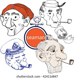 Set of Hand drawn scribble funny seaman faces. Funny Doodle of different caricature characters of cruise liner stuff for graphic design, food packaging. Good for logotypes, site design elements, icons