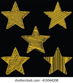 Set Of Hand Drawn Scribble Gold Stars, Icon Vector Design Set 2