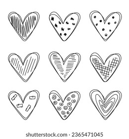 Set of hand drawn scribble hearts isolated on white background. Hearts collection with decoration. Love symbol illustration. Set of hearts in doodle style.