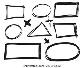 set of Hand drawn scribble line circles and square box. use for message note mark design element. doodle vector illustration