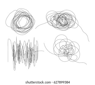 Set of hand drawn scribble line shapes with start and end. Isolated scrawl sketches on white background