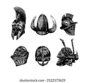 Definir rabiscos desenhados à mão do capacete medieval. sparta, viking, gladiador, cavaleiro e capacete kabuto. Ilustração gráfica.