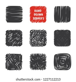 Set of hand drawn scribble objects for logo, web, design use.  Black vector design squares collection on white background. Abstract grunge elements