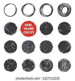 Set of hand drawn scribble objects for logo, web, design use.  Black vector design circles collection on white background. Abstract grunge elements