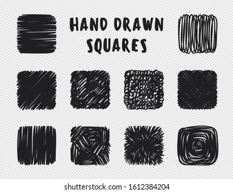 Set of hand drawn scribble objects for logo, web, design use.  Black vector design squares collection on white background. Abstract grunge elements