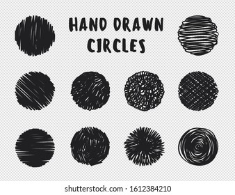 Set of hand drawn scribble objects for logo, web, design use.  Black vector design circles collection on white background. Abstract grunge elements