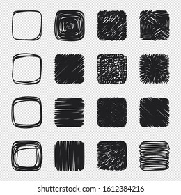 Set of hand drawn scribble objects for logo, web, design use.  Black vector design squares collection on white background. Abstract grunge elements