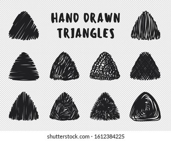 Set of hand drawn scribble objects for logo, web, design use.  Black vector design triangles collection on white background. Abstract grunge elements
