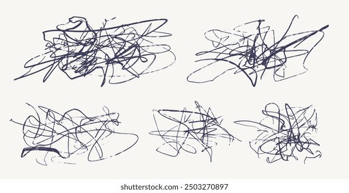 Set of hand drawn scribble pencil black line. Sloppy hatching, highlighter for trend modern design. Scratch texture sketchy graphic design element. Template vector illustration ballpoint round swirl.