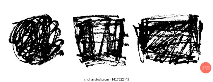 Set of hand drawn scribble shapes isolated on white. Doodle style sketched backdrops. Monochrome vector design elements.