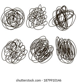 Set Of Hand Drawn Scribble Shapes. Chaotic Twisted Lines In Circular Objects In Duddles Style. Continuous Line.Vector.Isolated On White Background.