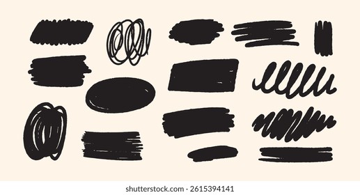 Set of Hand Drawn Scribble Shapes. Messy Crayon Marker Doodles, Ovals, Scribbled Lines, Ink Blobs and Smudges. Grunge Sketch Texture Elements. Vector Illustration Design