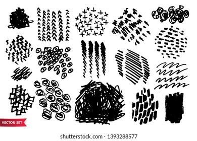 Set of hand drawn scribble spots isolated on white. Doodle style sketches. Monochrome vector design elements.
