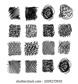 Set of hand drawn scribble symbols isolated on white. Doodle style sketches. Shaded and hatched badges and bubble shapes. Monochrome vector eps8 design elements.