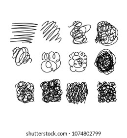 Set of hand drawn scribble symbols isolated on white. Doodle style sketches. Shaded and hatched badges and bubble shapes. Monochrome vector eps8 design elements.