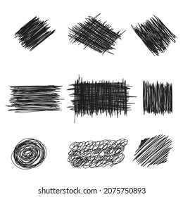 Set of hand drawn scribble symbols isolated on white. Chaotic textures with hatching. Doodle style sketches. Shaded and hatched badges and bubble shapes. Vector illustration.