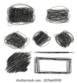 Set of hand drawn scribble symbols isolated on white. Chaotic textures with hatching. Doodle style sketches. Shaded and hatched badges and bubble shapes. Vector illustration.