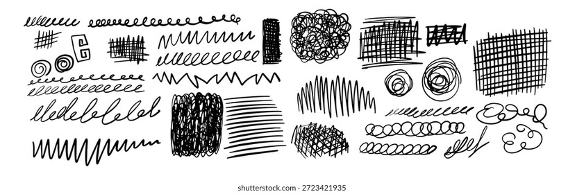 Conjunto de símbolos de garabatos dibujados a mano aislados en blanco. Bocetos de estilo Doodle. Insignias sombreadas y eclosionadas y Formas de burbujas. Elementos de diseño de Vector monocromo