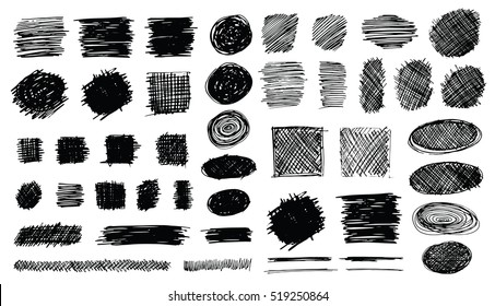 Set of hand drawn scribble symbols isolated on white. Doodle style sketches. Shaded and hatched badges and bubble shapes. Monochrome vector eps8 design elements.