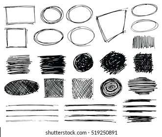 Set of hand drawn scribble symbols isolated on white. Doodle style sketched frames, strokes, shaded and hatched badges and bubble shapes. Monochrome vector eps8 design elements.