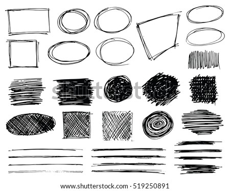 Set of hand drawn scribble symbols isolated on white. Doodle style sketched frames, strokes, shaded and hatched badges and bubble shapes. Monochrome vector eps8 design elements. Foto stock © 